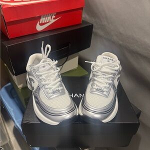 CHANEL White & Silver Sneakers